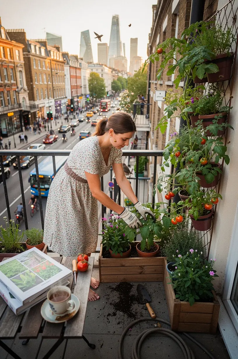 Urban balcony garden with vibrant plants and consultation setup.
